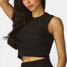SaltTree Love Poem black crinkled plisse crop top with rhinestone embellishments worn by a model