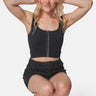SaltTree Love Poem black ribbed seamless cropped tank top with hook-and-eye front closure worn by a blonde model.