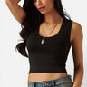 SaltTree Love Poem black double-layered scoop neck tank top worn by a model with long dark hair