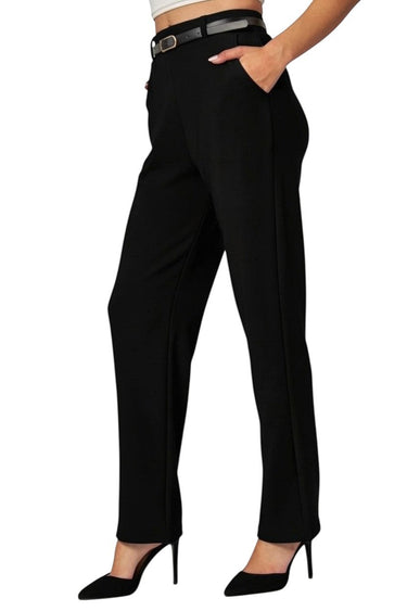 SaltTree Love Poem black high-rise straight-leg scuba knit pants with a belted waist and pockets on a model