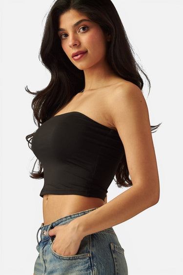 SaltTree Love Poem black strapless tube top in smoothing double-layer contour fabric worn by a model