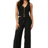 SaltTree Love Poem black waffle-knit two-piece set with button-front vest and high-waisted wide-leg trousers on model