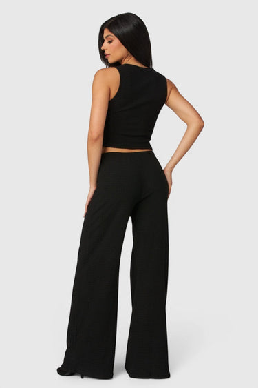 SaltTree Love Poem black waffle-knit two-piece set featuring a cropped vest and high-waisted wide-leg trousers