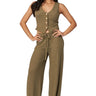 SaltTree Love Poem green waffle-knit two-piece set featuring a button-front vest and high-waisted wide-leg trousers.