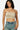 Model wearing a SaltTree Love Poem stone ribbed seamless strapless tube top with blue denim jeans.