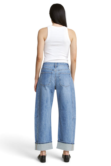SaltTree Mica Denim high-rise barrel-leg jeans in vintage medium wash with a cuffed hem, back view.