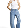 SaltTree Mica Denim high-rise barrel-leg jeans in vintage medium wash with a cuffed hem on a model.