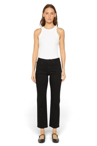 Model wearing SaltTree Mica Denim mid-rise ankle straight jeans in solid black with a white tank top