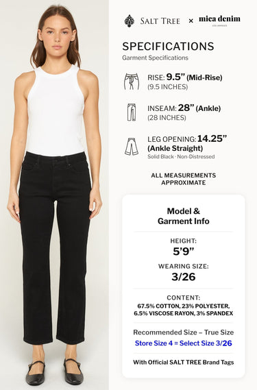 SaltTree Mica Denim mid-rise ankle straight jeans in solid black worn by a model with a white tank top