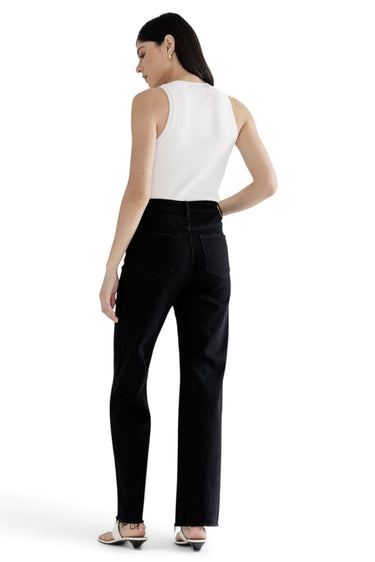 SaltTree Mica Denim high-rise slim wide-leg jeans in black with a raw hem worn by a model with a white tank top