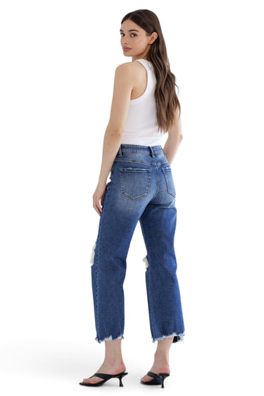 SaltTree Mica Denim high rise vintage crop flare jeans in medium blue wash with frayed raw hem and knee distressing