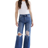 SaltTree Mica Denim high rise vintage crop flare jeans in medium blue wash with distressed knees and frayed raw hem