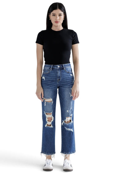 SaltTree Mica Denim high rise straight crop jeans in medium dark wash with heavy distressing and frayed step hem.