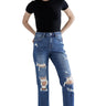 SaltTree Mica Denim high rise straight crop jeans in medium dark wash with heavy distressing and frayed step hem.