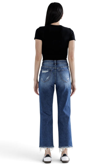 SaltTree Mica Denim high rise straight crop jeans in medium dark wash with back pockets and frayed step hem