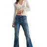 SaltTree Mica Denim high-rise flared jeans in vintage wash with vertical front seam detailing on a female model