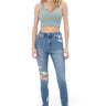 SaltTree Mica Denim Custoza high rise crop skinny jeans in vintage medium blue with ripped knees and raw hem.