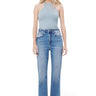 SaltTree Mica Denim Aniello super high rise straight leg jeans in medium blue with raw fringe hem and distressing.