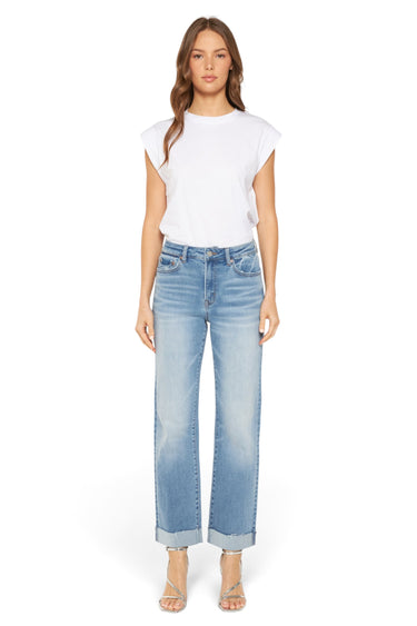 SaltTree model wearing Mica Denim high-rise straight leg jeans in medium-light wash with a folded hem and white tee.