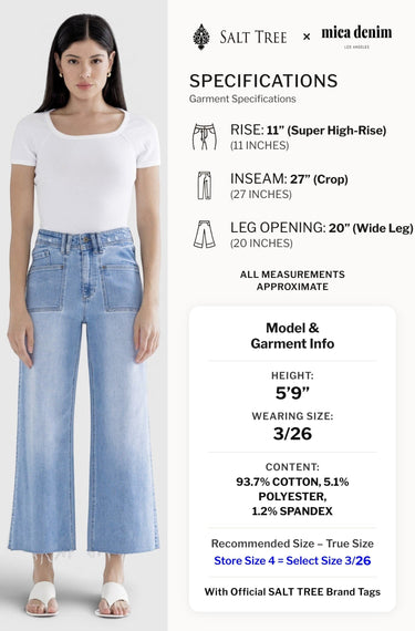 SaltTree Mica Denim light wash super high rise wide leg cropped jeans with patch pockets on a model