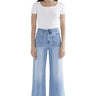 SaltTree Mica Denim light wash super high rise wide leg cropped jeans with front patch pockets on a model.