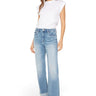 SaltTree model wearing Mica Denim high-rise straight leg jeans in medium-light wash with a folded hem and white tee