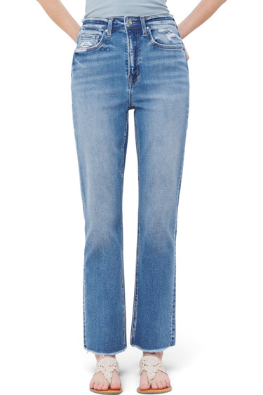 SaltTree Mica Denim Aniello super high rise straight leg jeans in medium blue wash with raw fringe hem and distressing.