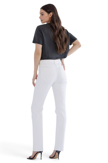 SaltTree Mica Denim high rise white slim straight jeans with tummy tuck waistband worn by a model from behind