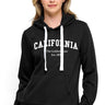 SaltTree Reflex black fleece pullover hoodie with white California embroidery and drawstring hood on a female model
