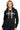 SaltTree Reflex black fleece pullover hoodie with white California embroidery and drawstring hood on a female model