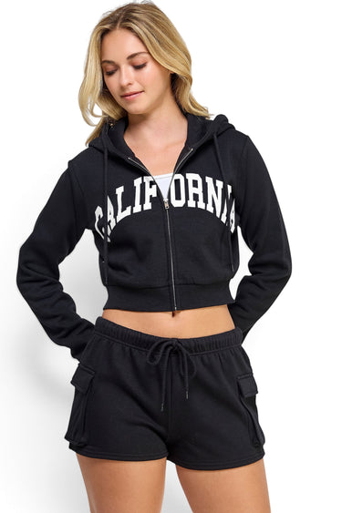 SaltTree Reflex black cropped fleece zip-up hoodie with California graphic print worn by a model