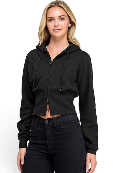 SaltTree Reflex black fleece cropped relaxed fit hoodie with a two-way zipper and drawstring hood worn by a model.