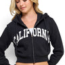 SaltTree Reflex black cropped zip-up fleece hoodie with white California graphic print and drawstring hood
