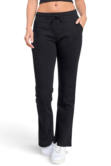 SaltTree Reflex black fleece joggers with an elasticized drawstring waist, side pockets, and a flared leg fit.