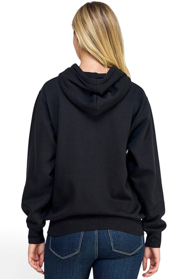 SaltTree Reflex black oversized fleece zip-up hoodie worn by a blonde model, back view with hood and banded hem