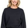 SaltTree Reflex black fleece crewneck sweatshirt with ribbed trims worn by a smiling blonde model