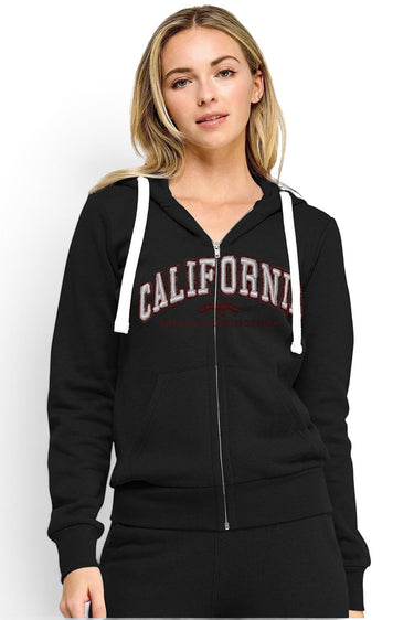 SaltTree Reflex black fleece zip-up hoodie with white drawstring and California embroidery worn by a blonde model