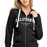 SaltTree Reflex black fleece zip-up hoodie with white California embroidery and adjustable drawstring hood on a model
