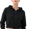 Model wearing a black SaltTree Reflex scuba knit cropped zip-up hoodie with a drawstring hood and comfort fit.