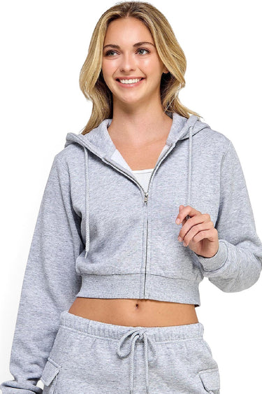 SaltTree model wearing a heather grey Reflex lightweight stretch terry cropped zip-up hoodie with a drawstring hood.