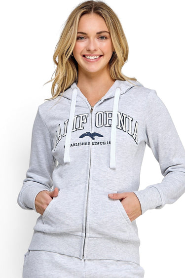 SaltTree Reflex heather grey fleece zip-up hoodie with white drawstring and California embroidery on a smiling model