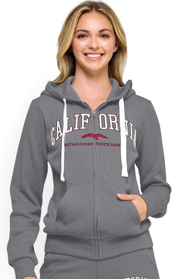 SaltTree Reflex fleece zip-up hoodie in heather grey with California embroidery and drawstring hood on a smiling model