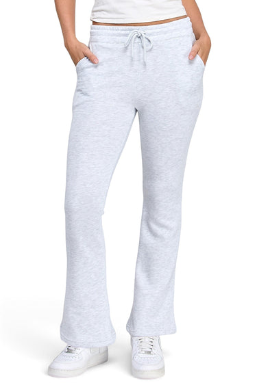 SaltTree Reflex ice grey fleece flared joggers with an elasticized drawstring waist and side pockets on a model