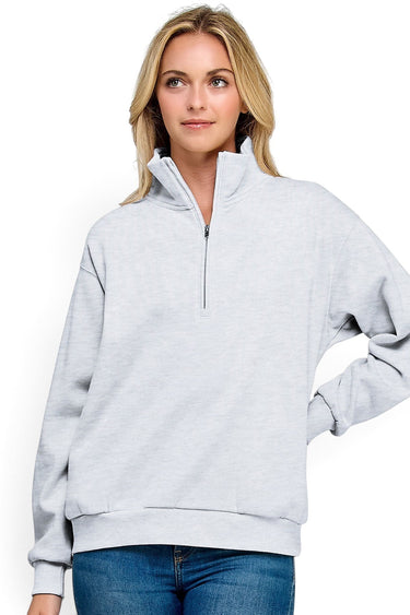 SaltTree model wearing a light ice grey Reflex fleece half-zip pullover with a mock neck collar and relaxed fit.