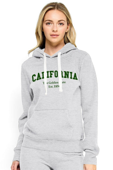SaltTree Reflex ice grey fleece pullover hoodie with green California embroidery, drawstring hood, and front pocket.