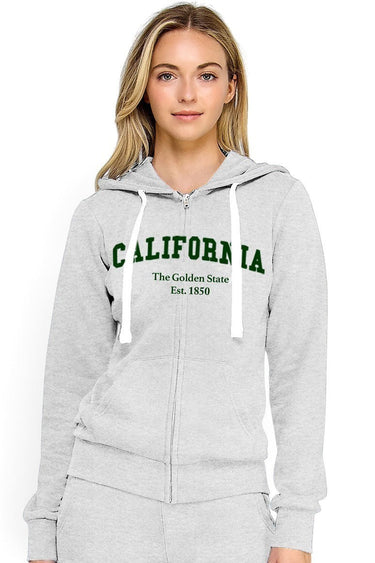 SaltTree Reflex ice grey fleece zip-up hoodie with California embroidery and drawstring hood worn by a model