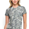 SaltTree Reflex olive camo short sleeve crew neck t-shirt in soft cotton-stretch jersey worn by a blonde model