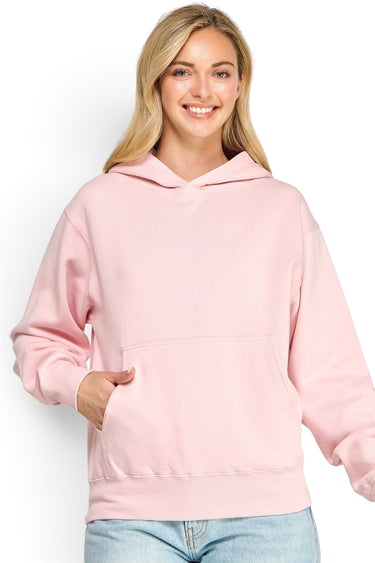 SaltTree Reflex pink brushed fleece pullover hoodie with kangaroo pocket worn by a smiling model