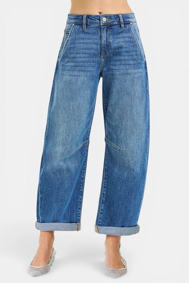 SaltTree Risen Jeans medium wash denim with a high-rise slouchy barrel leg silhouette and a cuffed hem.