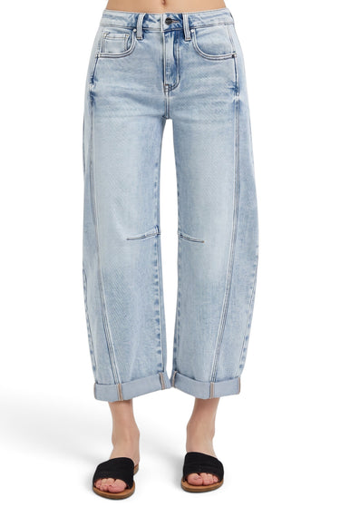 SaltTree Risen Jeans high-rise light wash denim barrel jeans with curved side seams and a cuffed hem.